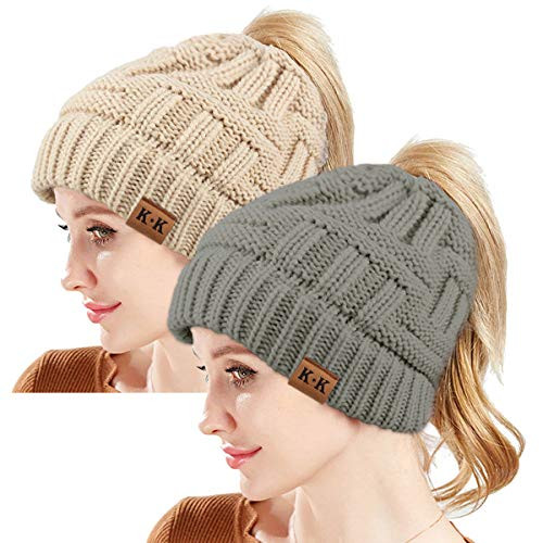 Ponytail Beanie Hat - Women Knit Winter Hat Stretch Ponytail Beanie Hat Messy Bun BeanieTail Cable Knit Slouchy Warm Hat
