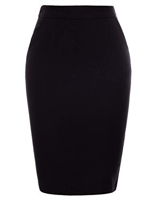 Kate Kasin Women Solid Color Stretchy Hips-Wrapped Bodycon Knee Midi Pencil Skirt Black X-Large