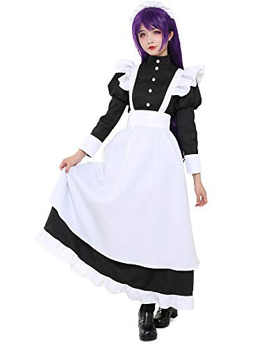 miccostumes Womens Classic Cute Maid Uniform Long Dress Cosplay Costume with Apron Petticoat -XL  Black-White-