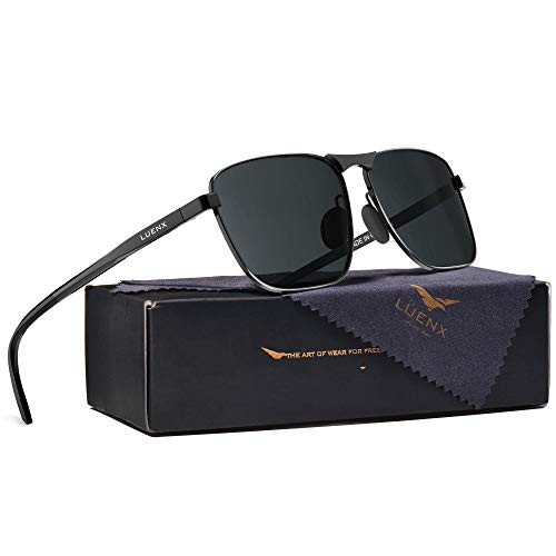 LUENX Men Rectangular Polarized Aviator Sunglasses Square Retro Shades - Black Lens Black Frame 60MM