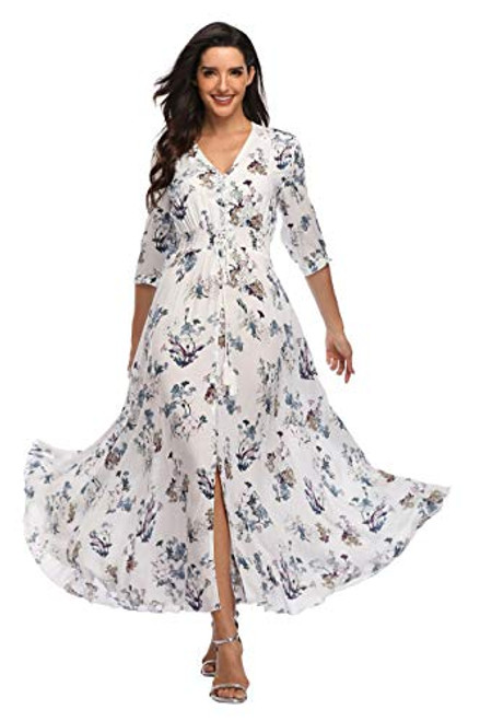 Summer Floral Print Maxi Dress Women Button Up Split Long Flowy Bohemian Beach Party Dresses