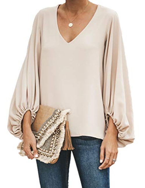 Womens Autumn T-Shirt Tops Boho V Neck Puff Sleeve Casual Loose Blouse-L  Khaki-