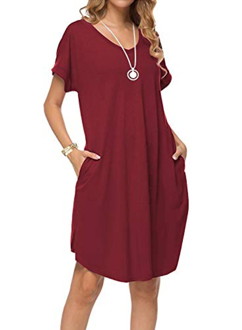 Arolina Womens Summer Casual Loose Dresses Short Sleeve V Neck Split Midi Dress with Pockets Burgundy