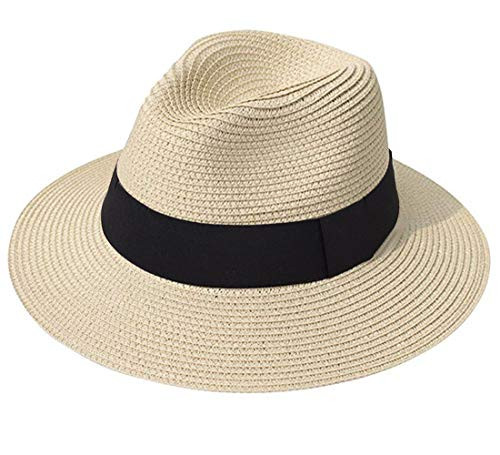 JOYEBUY Womens UPF50 Foldable Summer Straw Hat Wide Brim Fedora Sun Beach hat -Style A-Khaki-