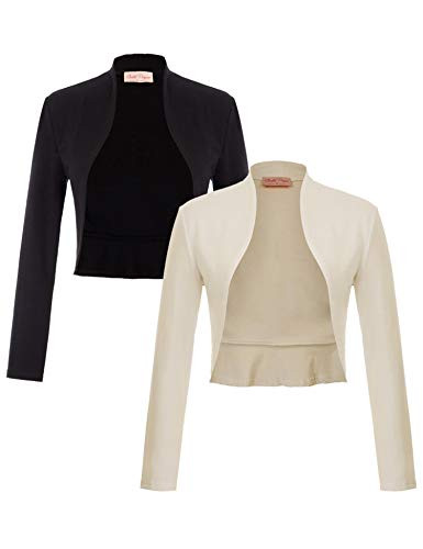 Belle Poque Womens Bolero Jacket Vintage Cropped Shrug Open Front Long Sleeve Ruffled Cardigan-BlackandApricot M-