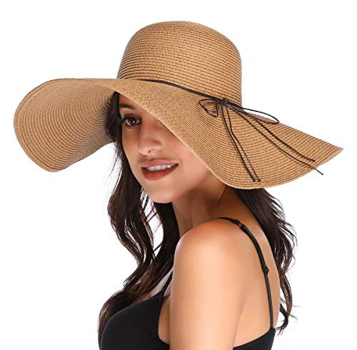 Lanzom Womens Wide Brim Straw Hat Floppy Foldable Roll up Cap Beach Sun Hat UPF 50- -Style D-Khaki-