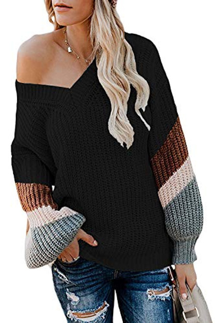 Yanekop Womens Off Shoulder Sweater V Neck Long Sleeve Striped Knitted Chunky Pullover Tops-Black XL-
