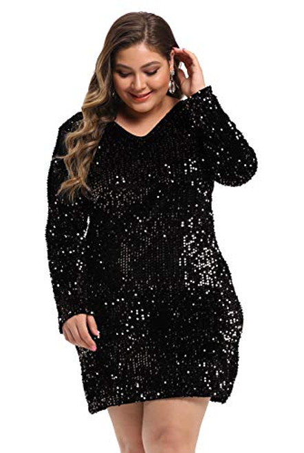 LLmansha Womens Plus Size Glitter V-Neck Long Sleeve Bodycon Sequin Cocktail Party Club Sparkly Evening Mini Dress Black