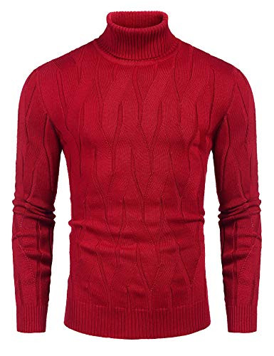 COOFANDY Mens Slim Fit Turtleneck Sweater Casual Knitted Pullover Sweaters Red