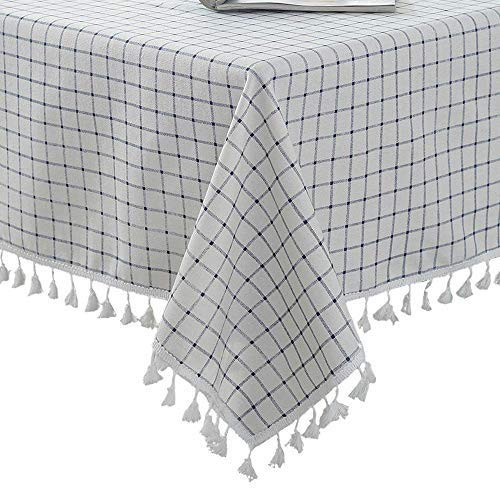 FUNHOME Checkered Tassel Tablecloth Cotton Linen Dust-Proof Table Cover for Kitchen Dinning Tabletop Decoration (Rectangle/Oblong, 55 x 70Inch)