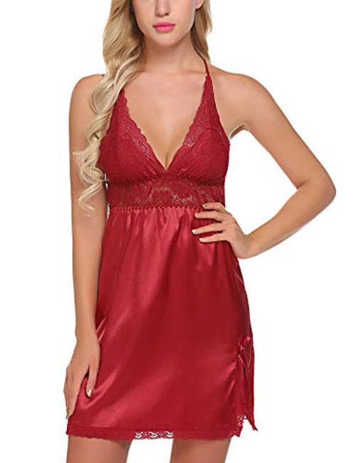 ADOME Women Lingerie Lace Babydoll Chemises V Neck Nightwear Satin Sleepwear Slips Dark Red XL ADOME Women Lingerie Lace Babydoll Chemises V Neck Nightwear Satin Sleepwear Slips Dark Red XL