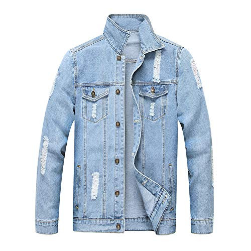 Jean Jacket for Men  LZLER Classic Ripped Slim Denim Jacket with Holes-Blue 1801  3XL-