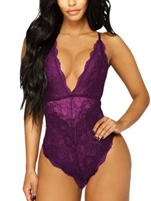 Kitty-Kitty V-Neck See Through Lingerie Floral Lace Babydoll Sexy Lingerie for Women One Piece Bodysuit Purple X-Large