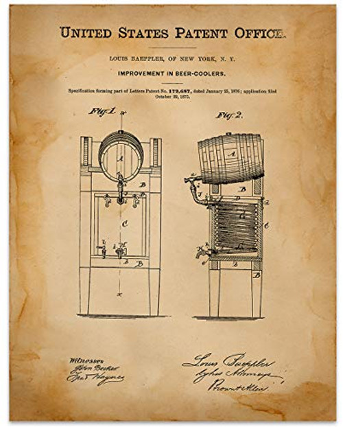 Beer Keg Cooler Wall Art - 11 x 14 Unframed Patent Print Circa 1876 - Great Gift for Your Favorite Brewmaster  Great Man Cave or Bar Decor