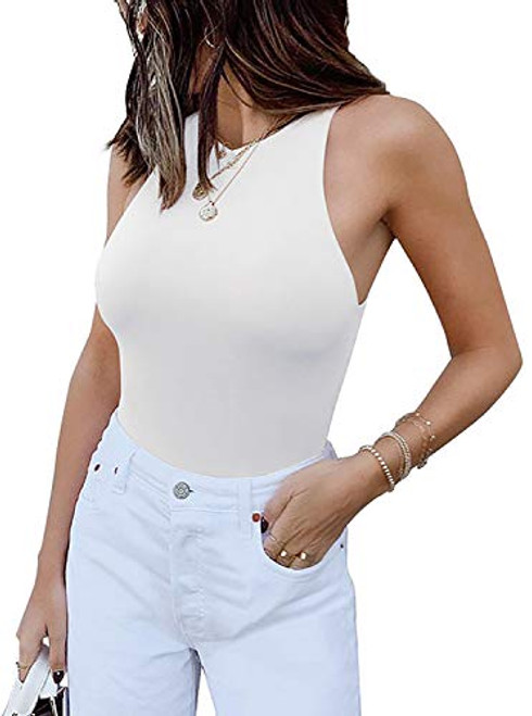 Womens Sexy Sleeveless High Neck Racer Back Halter Thong Bodysuits Leotard Tank Tops White 2X-Large