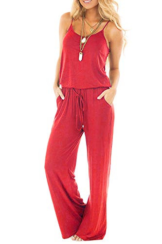 sullcom Women Summer Solid Sleeveless Wide Leg Jumpsuit Casual Spaghetti Strap Stretchy Long Pant Rompers -X-Large  Red-