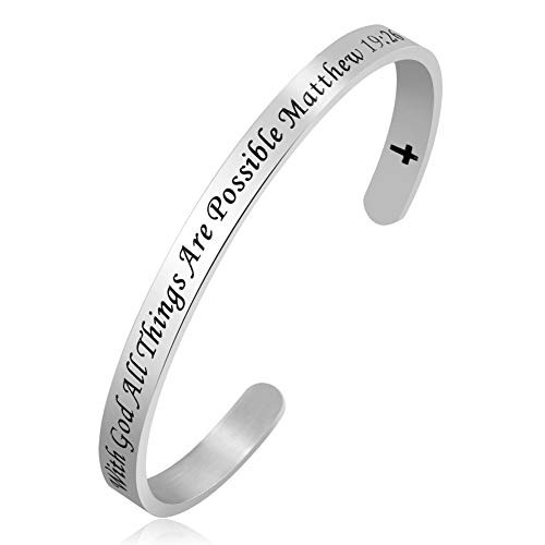 CoolJewelry Cuff Bangle Inspirational Personalized Engraved Cross Bracelet with God All Things are Possible Matthew 1926 Stainless Steel Gift