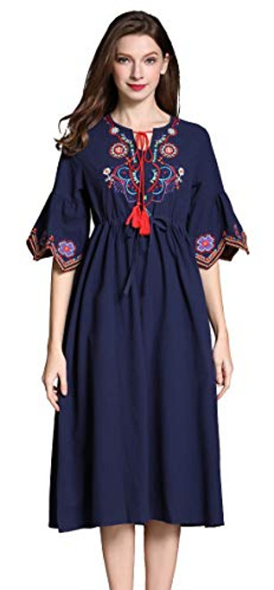 Shineflow Womens Casual 3-4 Sleeve Floral Embroidered Mexican Peasant Dressy Tops Blouses Shirt Dress Tunic -L  Blue-