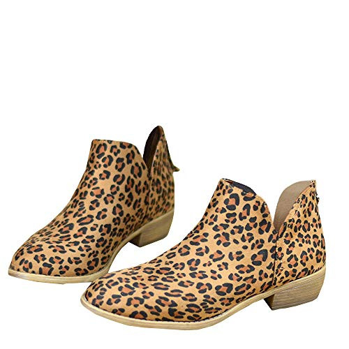 Womens Western Cutout Booties Ankle Boots Chunky Low Heel Almond Toe Stacked Zip Boots