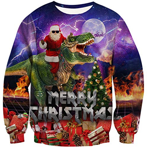 Goodstoworld Ugly Christmas Dinosaur Sweaters Party Funny Sweatshirt Holiday Humor X-Mas Buddy Gifts Santa Claus Print Shirt Junior Big and Tall Pullo