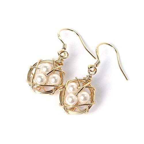 Handmade Pearl Earrings Gold Plated 925 Sterling Silver Hook Wire Wrapped Dangle Drop Earrings-a Bird´s Egg in Nest