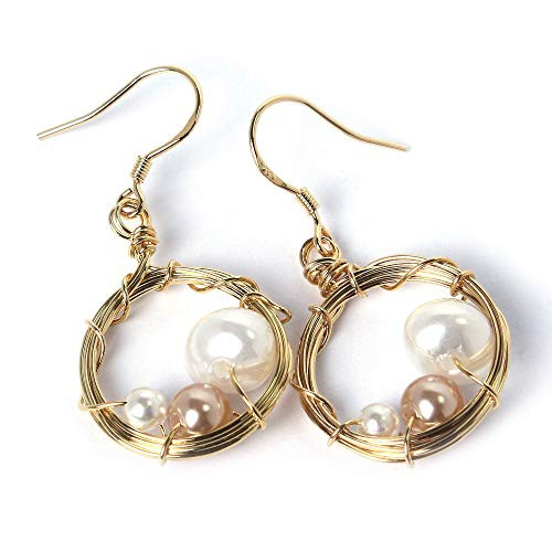 Handmade Pearl Earrings Gold Plated 925 Sterling Silver Hook Wire Wrapped Dangle Drop Earrings-a Bird´s Egg in Circle Nest