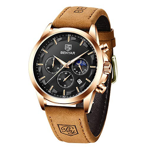 BY BENYAR - Stylish Wrist Watch for Men  Brown Leather Strap Watches  Perfect Quartz Movement  Waterproof Analog Chronograph Business Watches