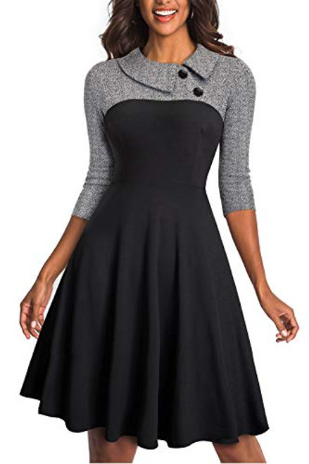 HOMEYEE Womens Lapel 3-4 Sleeve Church Aline Colorblock Work Dress A121-6 Gray-