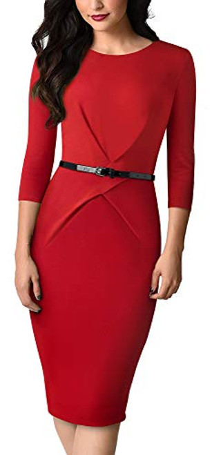 HOMEYEE Women 3-4 Sleeve Belted Wear to Work Business Cocktail Pencil Dress B552-4 Red-