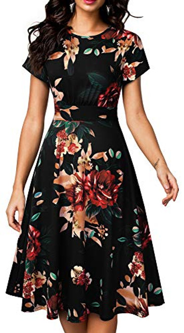 HOMEYEE Womens Short Sleeve Floral Casual Aline Midi Dress A102-12 Black Floral 2-