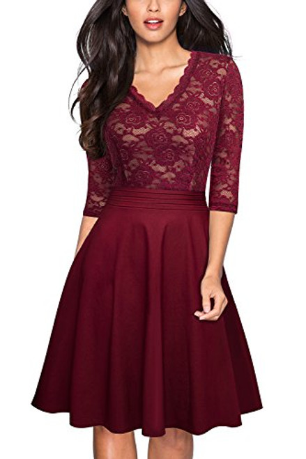 HOMEYEE Womens Chic V-Neck Lace Patchwork Flare Party Dress A062 -4  Wine Fabric B-