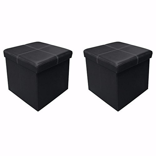 Otto & Ben 15" Storage Ottoman - [2pc Set] Folding Toy Box Chest with Memory Foam Seat, Faux Leather Ottomans Bench Foot Rest Stool, Line Black