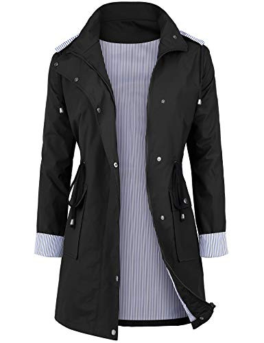 DOSWODE Women Waterproof Raincoat Lightweight Rain Jacket Hooded Windbreaker Trench Coats Black-S