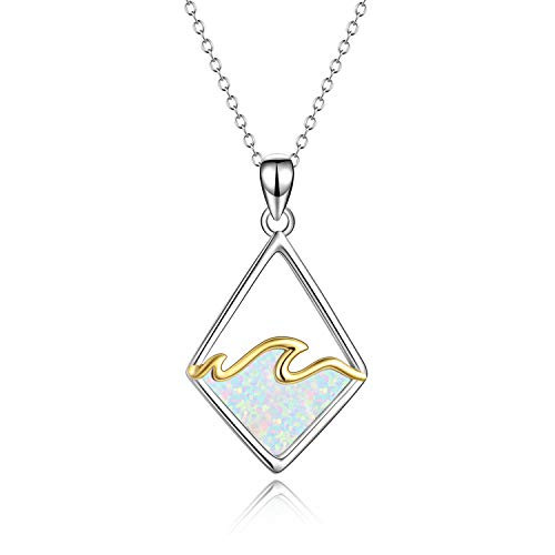 YAFEINI Sterling Silver Ocean Wave Necklace Created Opal Pendant Ocean Jewelry Beach Gifts for Women