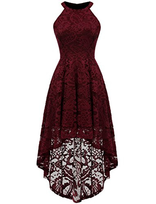 Dressystar 0028 Halter Floral Lace Cocktail Party Dress Hi-Lo Bridesmaid Dress Burgundy S