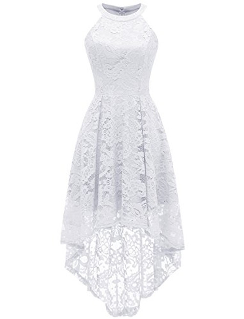 Dressystar 0028 Halter Floral Lace Cocktail Party Dress Hi-Lo Bridesmaid Dress White M