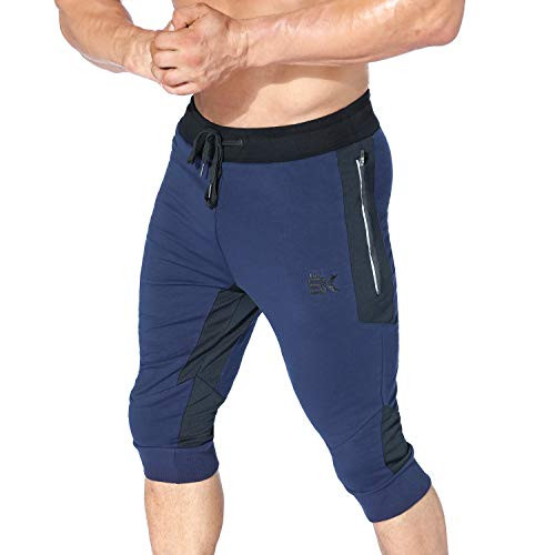 BROKIG Mens 3-4 Workout Pants  Sidelock Gym Joggers Capri Cotton Shorts with Zipper Pockets -Medium  Navy-