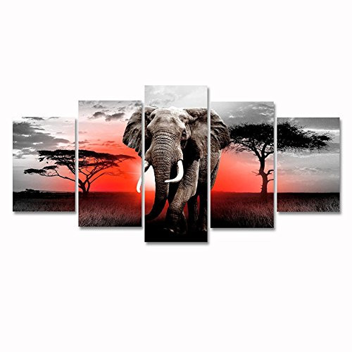 Modern African Grassland Elephant Canvas Wall Art Black and White 5 Panel Animal Painting Artwork Landscape Picture Framed for Living Room Home Decor