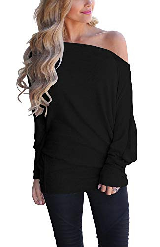 EZBELLE Womens Off Shoulder Long Sleeve Loose Pullover Sweater Batwing Oversized Shirts Tunic Tops Black Medium