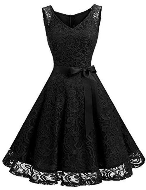 Dressystar 0010 Women Floral Lace Bridesmaid Party Dress Short Prom Dress V Neck Black S