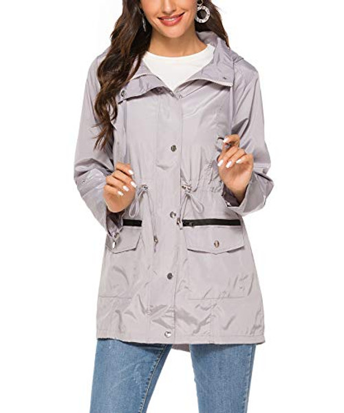 Raincoat Womens Lightweight Waterproof Hooded Long Rain Jacket Outdoor Windbreaker Travel Jacket Grey Large