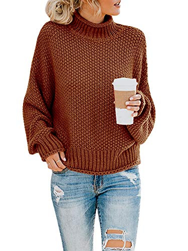 Saodimallsu Womens Turtleneck Oversized Sweaters Batwing Long Sleeve Pullover Loose Chunky Knit Jumper -Small  Brown-
