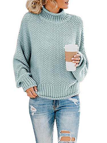Saodimallsu Womens Turtleneck Oversized Sweaters Batwing Long Sleeve Pullover Loose Chunky Knit Jumper Green