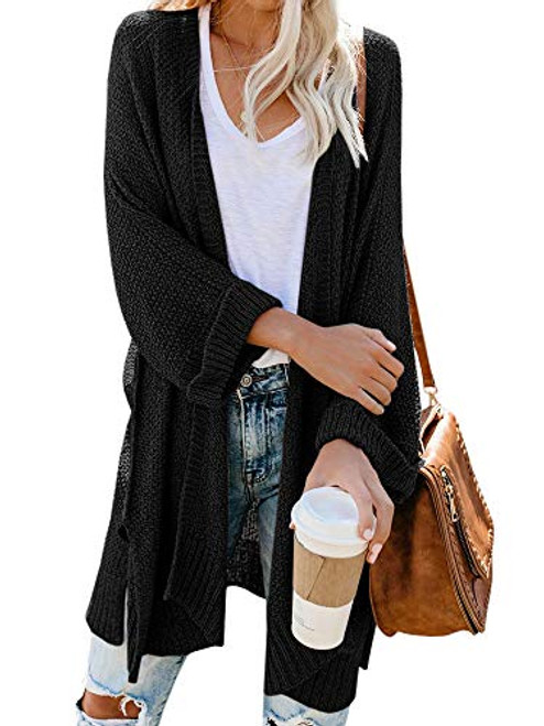 Saodimallsu Womens Oversized Open Front Cardigan Sweaters Loose Long Sleeve Slouchy Knitted Coats with Pockets Black