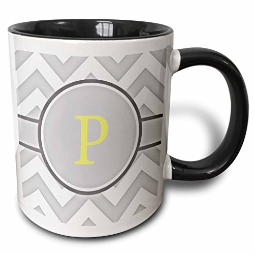 3dRose 222104_4""Grey and white chevron with yellow monogram initial P" Two Tone Mug 11 oz Black
