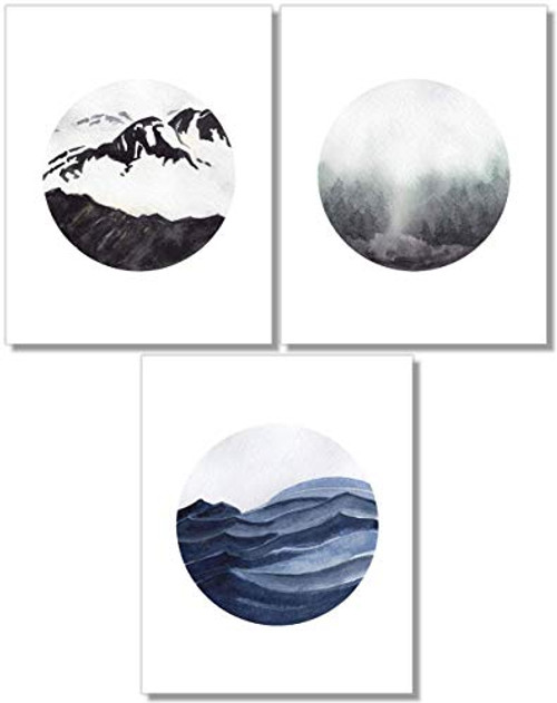 Landscape Wall Art - Mountain Ocean Misty Forest Prints - Set of 3-11x14 - Nature Decor - Unframed