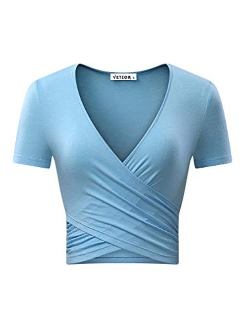 VETIOR Womens Deep V Neck Short Sleeve Unique Cross Wrap Slim Fit Crop Tops -X-Large  Light Blue -