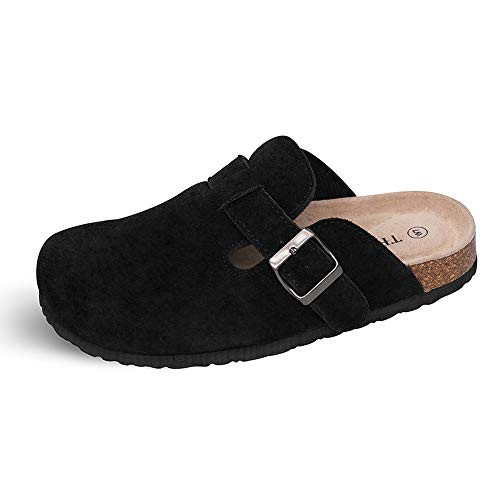 TF STAR Unisex Boston Soft Footbed Clog Cow Suede Leather Clogs  Cork Clogs Shoes for Women Men Black