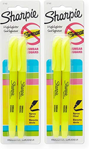 Sharpie 27162PP Pocket Highlighters  Fluorescent Yellow  2 Blister Packs of 2 Highlighters Each for a Total of 4 Highlighters  Narrow Chisel Tip  Smea