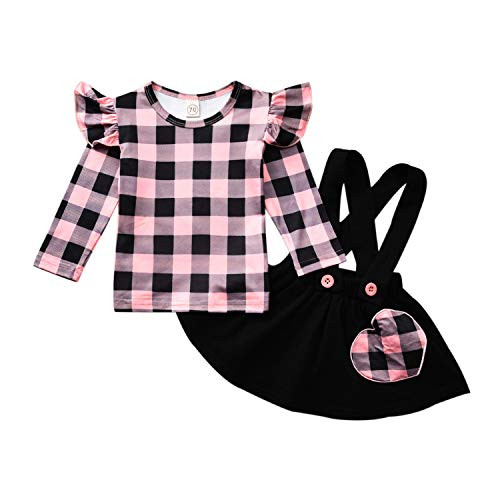 Toddler Baby Girls Valentines Day Outfits Suspender Skirt Striped Plaid Love Heart Dresses -Plaid  0-6 Months-